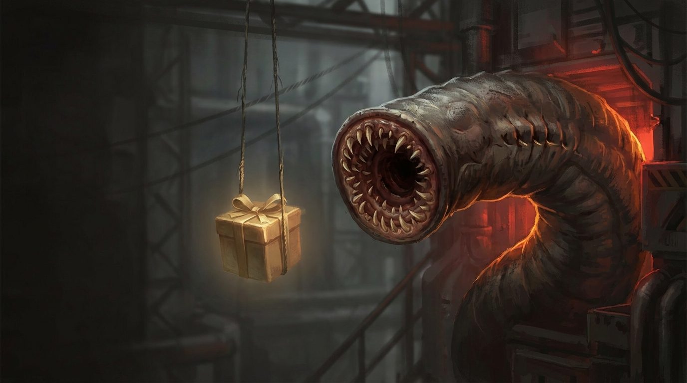 The Prize Eater, a giant toothy worm, lunging at a gift box that hangs from two ropes